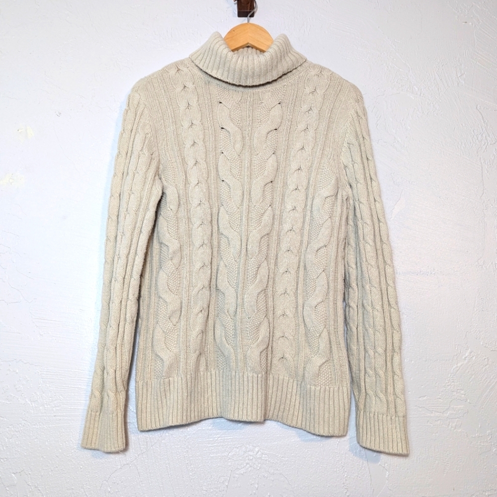 Women's Cream Cable Knit Fisherman Turtleneck Sweater Preppy Coastal Minimalist